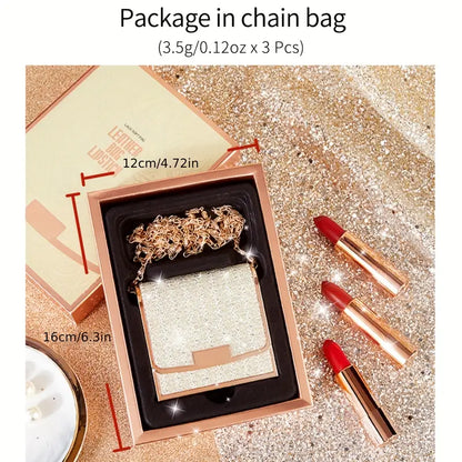 Velvet Texture Matte Lipstick Set - Long Lasting, Waterproof, Smudge Proof, Retractable Red Lipstick with Slivery Chain Bag Package Valentine's Day Gifts